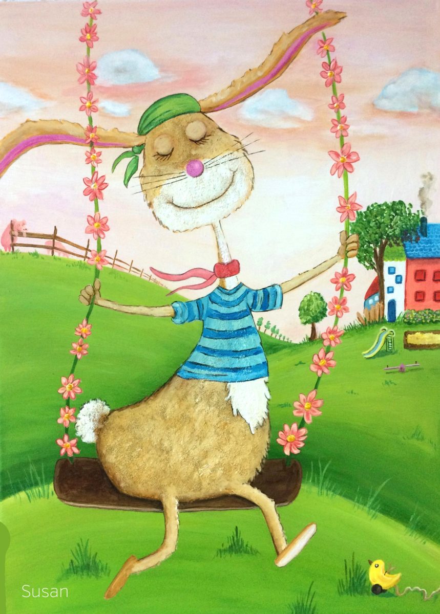 Hase auf Schaukel
